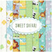 collage of all fabrics included in Sweet Safari collection, in mainly light tones of green, aqua, white, yellow, and gray