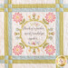 close up of one block of a pastel floral quilt showing floral motifs, stitching detail, and the words, 