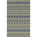border stripe fabric featuring aqua blue and purple scrolls and geometric designs in border stripe pattern on a indigo purple background.