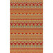 border stripe fabric featuring aqua blue and purple scrolls and geometric designs in border stripe pattern on a bright red background.