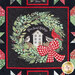 Close up of the center panel showing a house inside a wreath with birds, pinecones, and a gingham bow with the words 