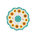 Photo of a white scalloped table topper with aqua plaid edges and center with simple applique sunflowers in a ring, accented by hand embroidered bee details, isolated on a white background