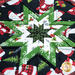 Close up of folded star hot pad for December, featuring Santas, snowflakes, and evergreen trees with buffalo check accents on a white countertop