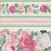 This fabric features pink, rose and cream roses with green and pink striped border print on a solid cream background.