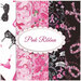Graphic of 5 breast cancer awareness fabrics in pink, white and black, all included in the pink ribbon collection 