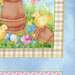 Close up photo of the panel for Cottontail Farms featuring one corner of a block depicting chicks, flowers, and Easter eggs in the grass around overturned flower pots.