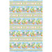 Blue mottled fabric border with Easter bunnies, chicks, decorated eggs, Easter baskets, and more
