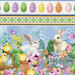 Close up of one row of the border print showing decorated eggs, rabbits, and chicks among baskets, flower pots, flowers and vegetables on a blue background.