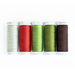 Isolated image of five thread spools in white, red, green, and black on a white background