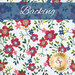 A swatch of ice white fabric with sprawling red florals. A blue banner at the top reads 