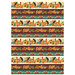 digital image of border stripe fabric featuring multiple rows of turkeys nestled amidst pumpkins, sunflowers, and various foliage, above a deep maroon stripe of a similar array of foliage and a teal plaid section below