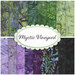 Graphic of green, purple and black batik fabrics within the mystic vineyard collection