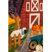 A close up photo of an autumn-themed wall hanging featuring a red barn, wagon full of pumpkins, and a sheep.