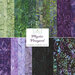 Graphic of green, purple and black batik fabrics within the mystic vineyard 10 karat jewels
