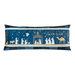 Photo of a large blue bench pillow embellished with decorative stitching in a nativity scene with twinkling lights isolated on a white background