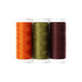 Photo of 3 spools of thread in brown, orange, and green isolated on a white background