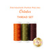 Photo of 3 spools of thread in brown, orange, and green with the words 