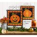 Two wall hangings, one hanging on a white paneled wall and another hanging on a craft holder in the foreground, both featuring pumpkins, and one with a jack-o-lantern face with autumn decor all around.