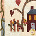 Close up detail photo of flowers and fence image in the center of the quilt with a tree bearing hearts next to a house