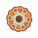 Photo of a scalloped table mat with pumpkins in a ring and embroidered details around a brown plaid circle at the center, isolated on a white background