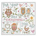 Image of a white cloth with the Heart In Everything pattern stitched into it featuring owls and the words 