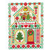 Image of a white cloth with the Heart In Everything pattern stitched into it featuring a house decorated with traditional Christmas imagery and the words 