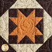 Close up of a single quilt block featuring a traditional pattern made with brown, orange, and black fabrics