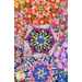 Close up photo of a rainbow colored floral quilt with intricate circular designs all over