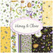 all 10 of the fabrics in the Honey & Clover collection, in white, yellow, purple, and black arranged in two rows of 5