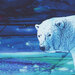 A scan of a polar bear against a colorful blue, teal, and purple marbled background