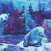 A swatch of fabric featuring a polar bear mother and cub against a purple, cyan, and blue marbled background