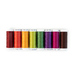 Rainbow of thread spools lined up and isolated on a white background