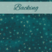 Dark teal tonal fabric with mottling and light stars all over with a pale banner at the top that reads 