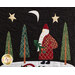 Close up of the center of the wall hanging made with black fabric with applique in the shape of trees, stars, the moon, and Santa Claus