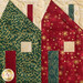 Close up of the border of the wall hanging featuring two houses made with Christmas and winter gold metallic fabrics