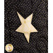 Close up of an applique star made with gold metallic fabric on a fabric background that is black with gold dots