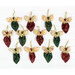 Three rows of pocket angel ornaments made with red, green, and gold metallic Stof Christmas 2023 fabric