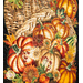Close up photo of the bottom of the Fall Inclination panel quilt showing panel details featuring fall leaves, metallic accents, and pumpkins spilling from a large cornucopia