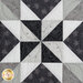 Close up photo of a black, white, and gray geometric quilt block with subtle floral patterns in the fabrics