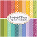graphic showing all fabrics in the kimberbell basics refreshed bright lights FQ set, in a rainbow of colors