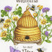 8x8 close-up swatch of panel featuring a large bee skep/hive surrounded by flowers and clovers with bees and butterflies flying around the words 