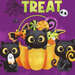 8x8 close-up of bag panel featuring 3 black cats in and around a pumpkin trick or treat bucket filled with candy
