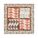 Photo of a wall hanging designed in quadrants of flying geese units made with aqua, orange, cream, and brown autumn themed fabrics, isolated on a white background