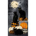 Halloween fabric panel featuring a trio of black cats sitting on various painted pumpkins in a foggy graveyard with a full moon and bats flying in the cloudy night sky