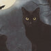 Up close scan of panel featuring a black cats and a moon on a gray background