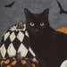 Up close scan of panel featuring a black cat, decorative pumpkins, and bats