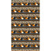 gorgeous Halloween border stripe fabric featuring rows of various painted pumpkins between stripes of muted orange and gray, alongside additional stripes of cream with black filigree and black with tonal damask-inspired patterning