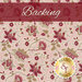 Photo of cream fabric covered in tiny red details and large red and taupe flower designs with a red banner at the top that reads 
