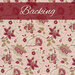 Cream fabric with red and beige floral patterns and intricate vining details all over with a red banner at the top that reads 