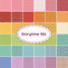 Graphic showcasing the 32 fabrics in the Storytime 30s collection, arranged in a grid in rainbow order